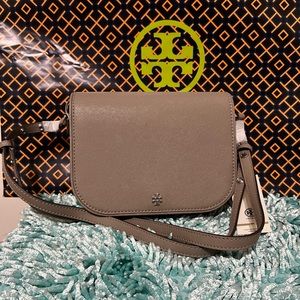 Authentic Tory Burch Emerson Saffiano Leather Crossbody Bag 2 ways Gray Herron